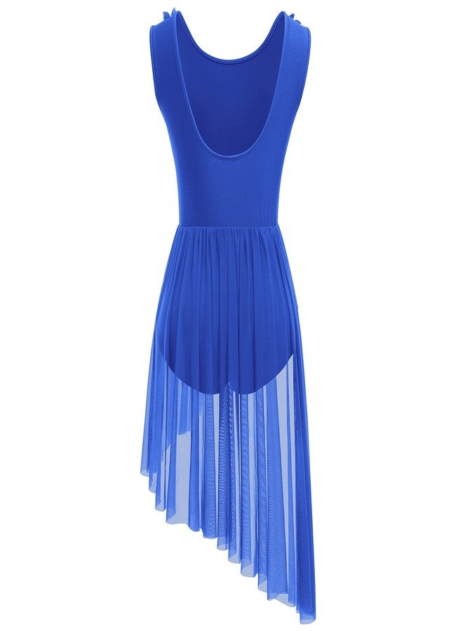 AFAVOM Women's Lyrical Dance Costume Sleeveless V-Neck Sequin Flower Lyrical Dance Dress Asymmetric Flowy Mesh Tulle Skirt Contemporary Dance Costumes Ballet Leotard Dancewear Royal Blue S - Image 3